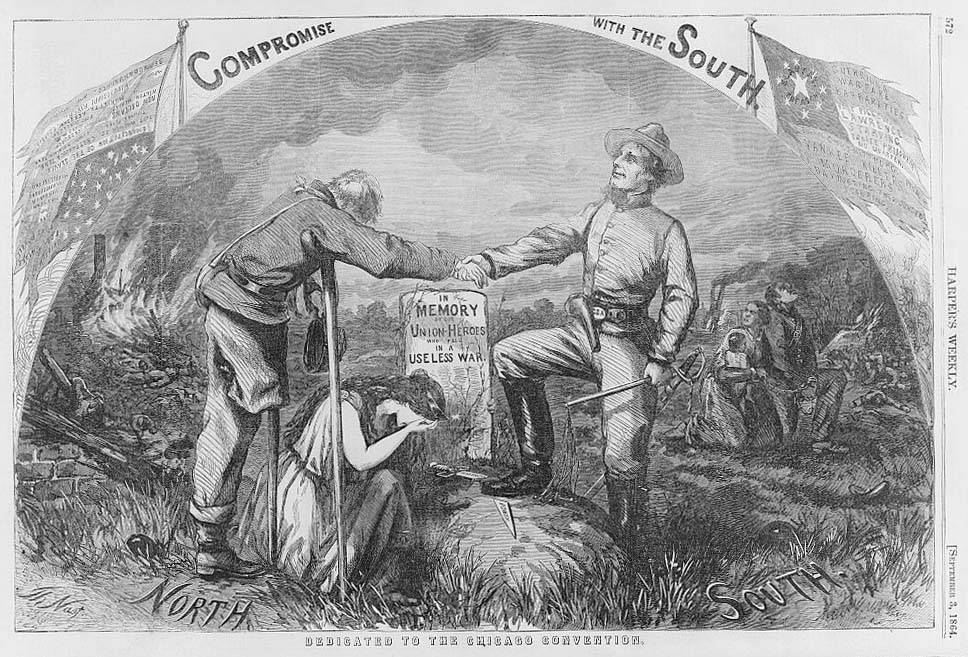 Union and Confederate soldiers shake hands over a grave marked 'In memory of Union heroes in a useless war.'
